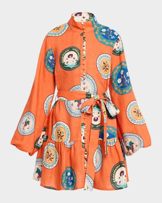 Austin Orange Plates Flounce Linen Mini Dress